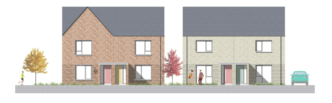 A drawing of some of the homes we're planning to build at Beckfield Rise. They are two semi-detached homes, with people, trees and a car next to them.