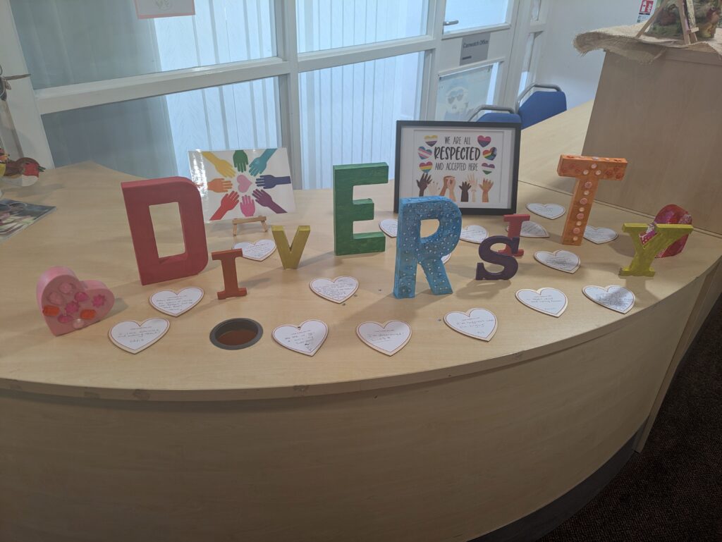 A display that says 'Diversity' in multi-coloured letters.