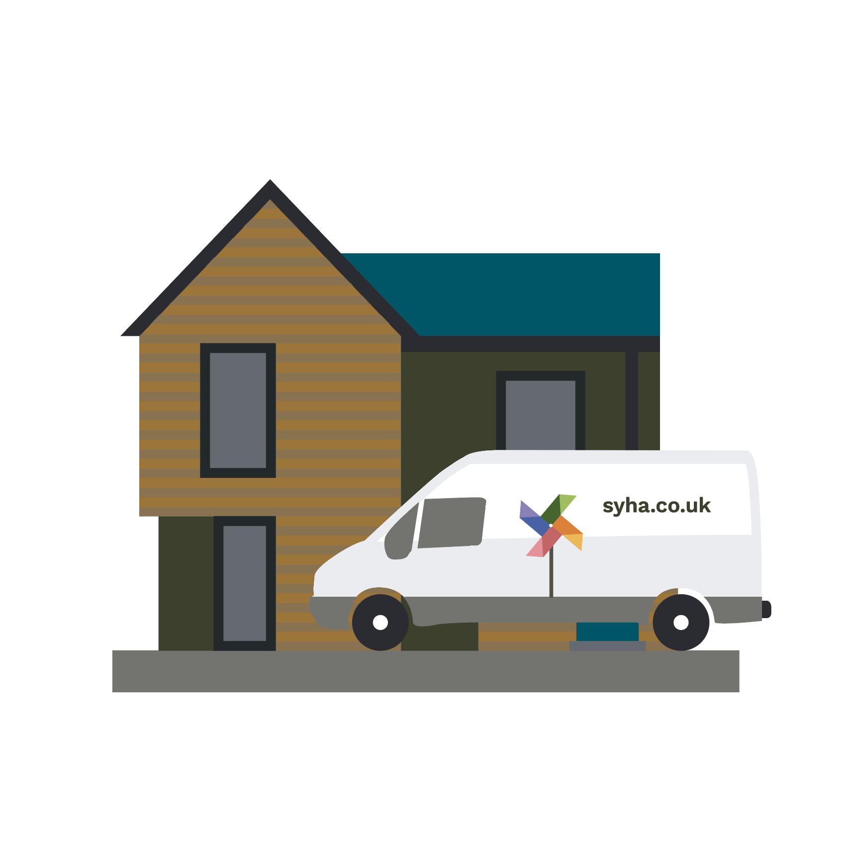 An illustration of an SYHA van in front of a house.