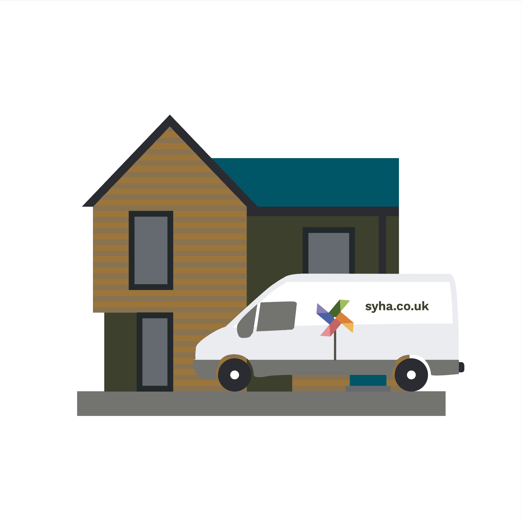 An illustration of an SYHA van in front of a house.