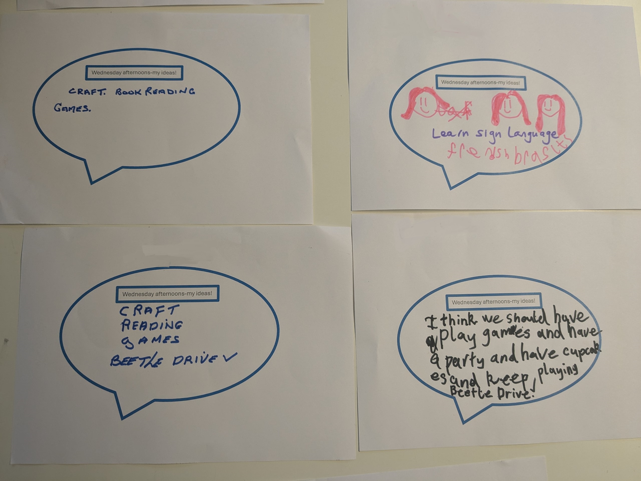 Images of feedback forms completed by residents and children. They have written them in speech bubbles with 'Wednesday afternoons - my ideas!' at the top, and say: 'Craft, book reading, games.' 'Learn sign language. Friendship bracelets.' 'Craft, reading, games, beetle drive.' 'I think we should play games and have a party and have cupcakes and keep playing Beetle Drive.'